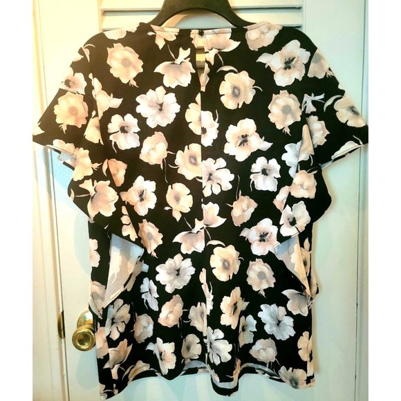 Worthington Black Floral Flutter Sleeve Blouse Women's Large - Picture 2 of 4